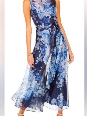 Eliza J- Sleeveless Navy Blue Floral Chiffon Maxi Jumpsuit Dress